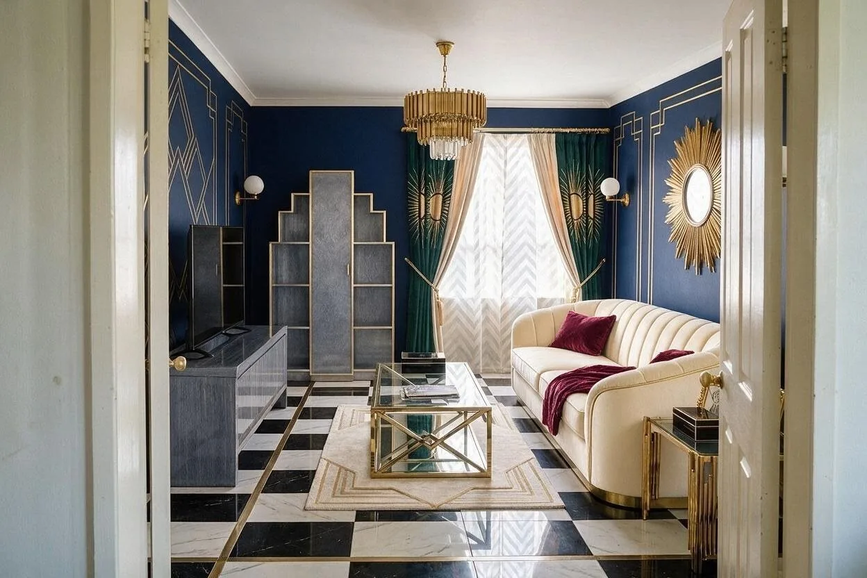 The same Art Deco living room in the Midnight and Gold palette: midnight navy, cream, smoke gray, gold, and burgundy
