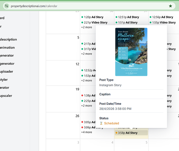 Screenshot of an Instagram story scheduling interface on a mobile device showing Mediterranean villa images and scheduling options.