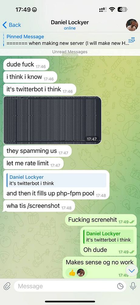 A chat conversation discussing a potential issue with a Twitter bot causing server overload.