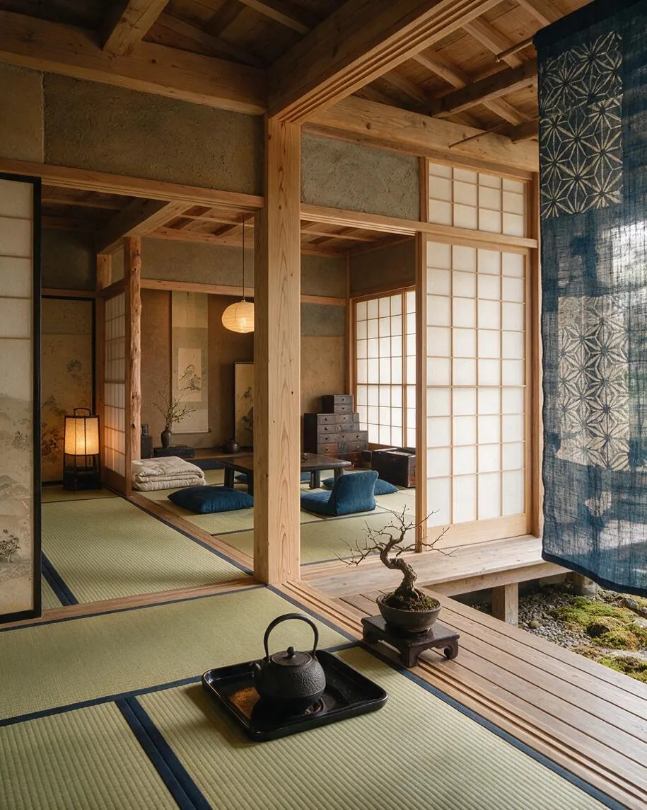 A serene Japanese Zen master bedroom with tatami mat flooring, shoji screen walls, exposed natural wood beams, and a low seating area with floor cushions. A black cast-iron teapot rests on a tray in the foreground, while a blue patterned textile panel hangs at the side, adding contrast to the warm wood and neutral tones.