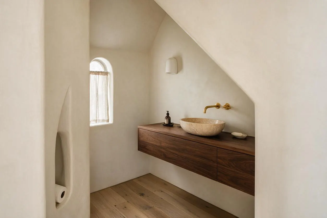A small organic modern powder room with softly textured off-white walls, a sloped ceiling, and a floating walnut vanity. The vanity holds a rounded stone vessel sink and a brass wall-mounted faucet, with a small arched window bringing in natural light.