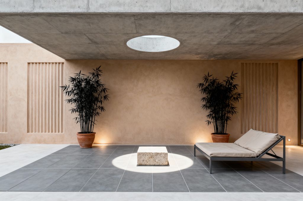 A minimalist patio with a raw concrete canopy pierced by a circular oculus casts a bright spotlight onto a low travertine block table set on large charcoal-gray tiles. Warm sand-toned plaster walls with fluted reliefs frame two tall bamboo plants in terracotta pots, while a slim, gray metal chaise with taupe cushions sits to the right; subtle wall uplights add a calm, gallery-like ambience.