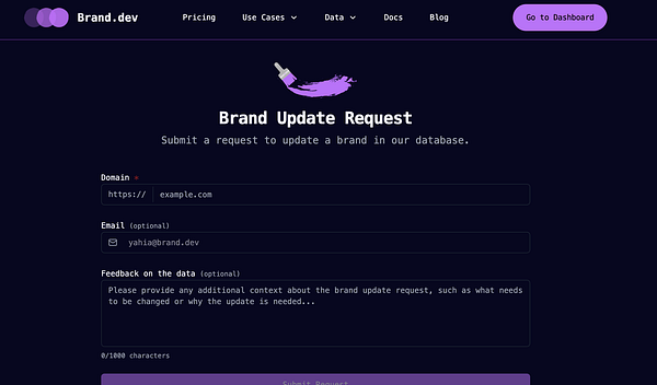 The image displays a web form for submitting brand update requests on the Brand.dev website.