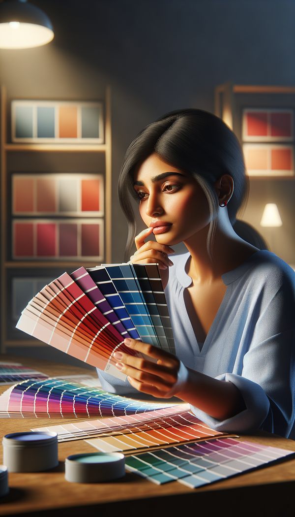An interior designer holding paint samples, comparing the saturation levels of different hues under varying lighting conditions.