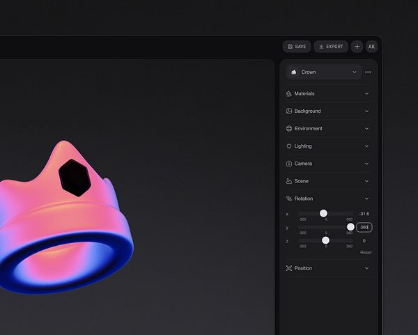 A 3D rendering of a crown with a user interface for adjusting position and rotation settings.