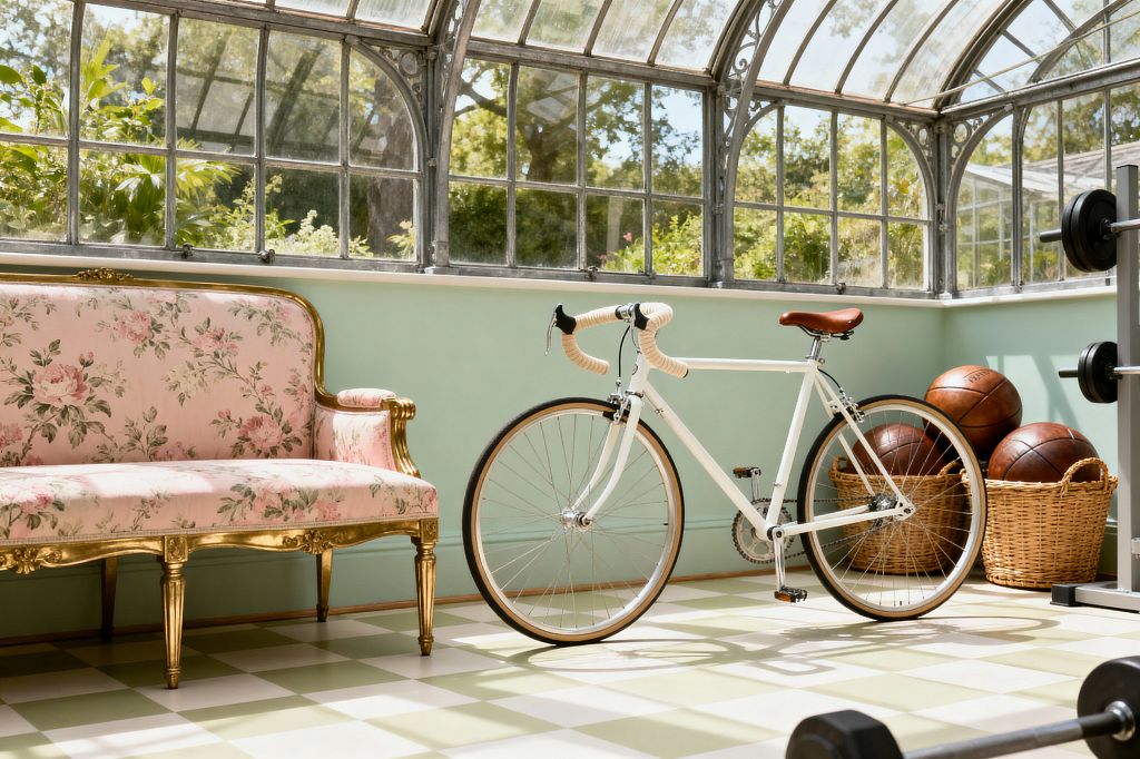 A sunlit conservatory-turned-home gym features a mint wall below arched, patinated metal-and-glass windows. A vintage pink floral settee with a gilded wood frame sits on the left. Centered is a white road bicycle with cream-wrapped handlebars and a tan leather saddle. To the right, wicker baskets hold brown leather basketballs beside a weight rack with black plates and a floor dumbbell. The floor shows sage-and-cream checkerboard tile.