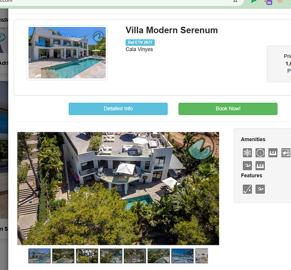 Screenshot of a mobile app interface showing an info modal with a slideshow of villa images and description text.