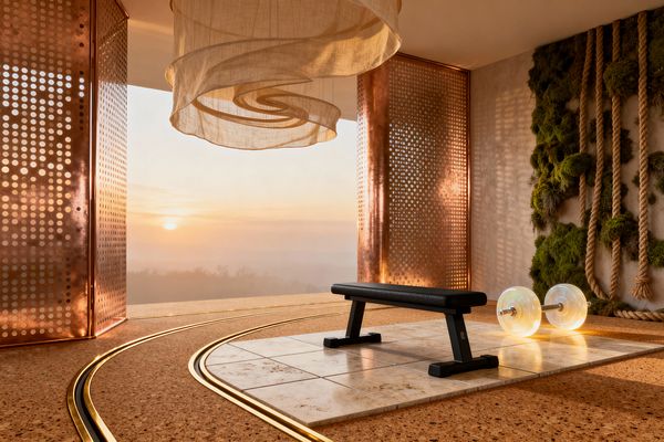 A surreal home gym at sunrise shows a black weight bench on a travertine tile pad set in a cork floor with curved brass inlays. Perforated copper screens flank a large opening to the view, and a spiral, gauzy linen canopy hangs overhead. On the right, thick jute ropes drape over a preserved moss wall. A translucent, glowing dumbbell rests beside the bench, enhancing the warm golden light in the space.