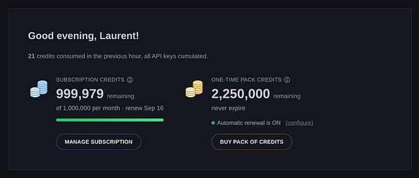 Screenshot of IP Registry website dashboard showing access details, usage, and API keys under the Pricing section.