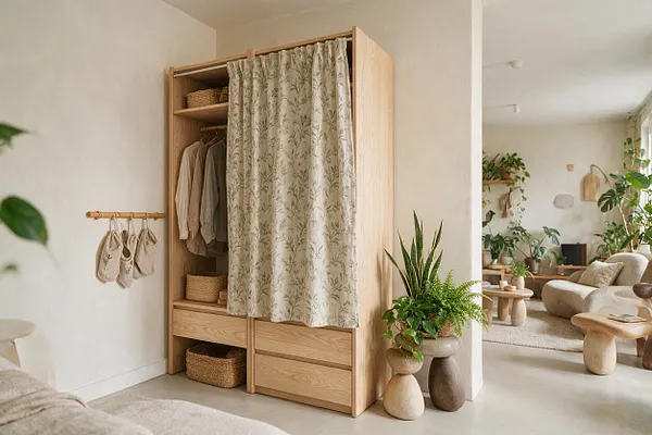 A serene biophilic closet made of light oak sits in a soft neutral room, with a botanical-patterned curtain covering part of the hanging section. Open shelves hold woven baskets and neutral clothing, while a small wall-mounted rod displays accessories. Potted greenery nearby reinforces the natural, calming atmosphere.
