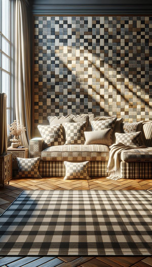 interior space with checked pattern decorative elements, like throw pillows on a sofa and a checked rug in a well-lit room