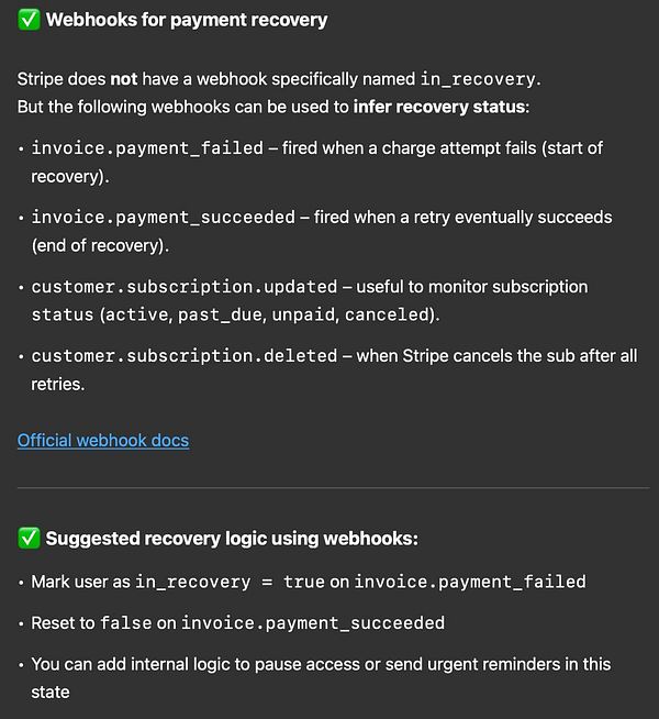 The image displays a technical guide on using webhooks for payment recovery in Stripe.