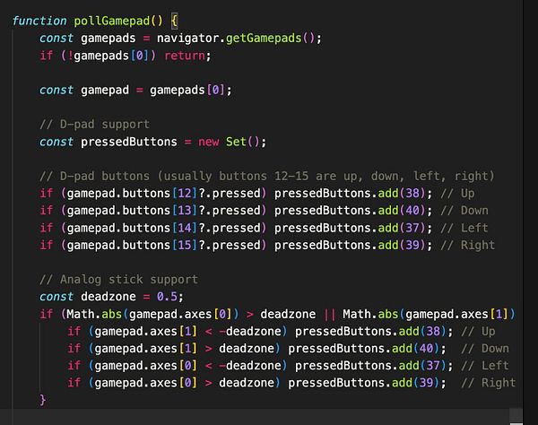 The image displays a code snippet for implementing gamepad support in a JavaScript function.