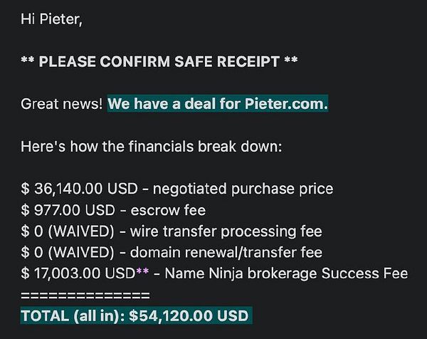 The image displays a financial breakdown for the purchase of the domain pieter.com.