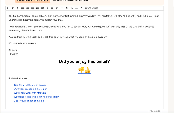 The image displays a draft of a newsletter email with personalized content and related articles.