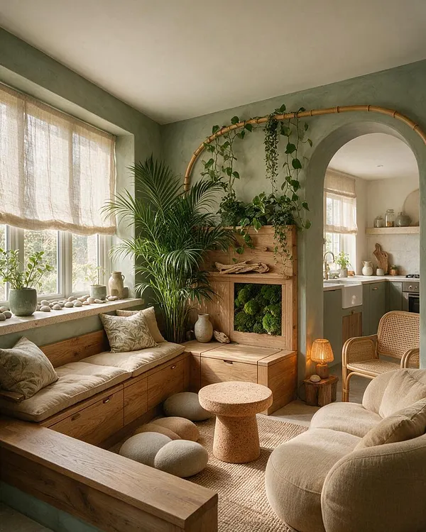 A warm biophilic sunroom with sage green walls, a large window with sheer linen shades, built-in wooden seating, and abundant indoor plants. An arched opening leads to a small kitchen, while a woven chair, pebble-like floor cushions, and a textured stone side table add organic softness.
