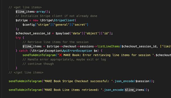 The image displays a code snippet for retrieving line items from a Stripe Checkout Session.