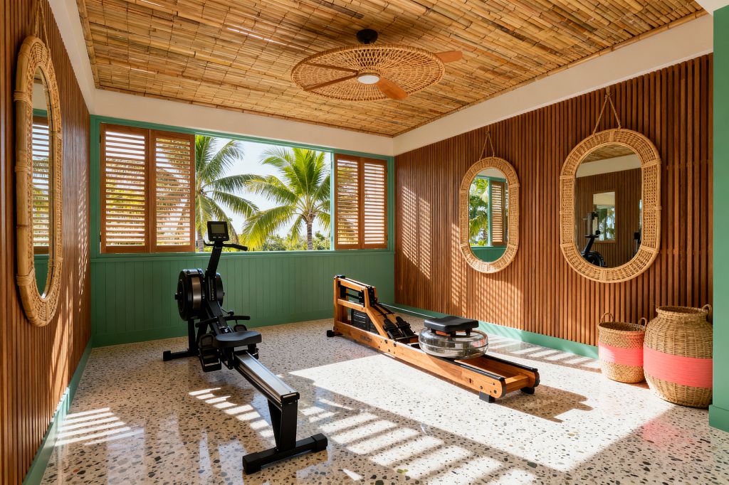 A bright home gym features a bamboo ceiling with a woven rattan fan, vertical wood-slat walls, and sea-green beadboard wainscoting. Wood louvered windows open to palm trees, casting striped light over a speckled terrazzo floor. A black rowing machine and a wood water rower face the windows, while three round rattan mirrors and two woven baskets with coral bands decorate the room.
