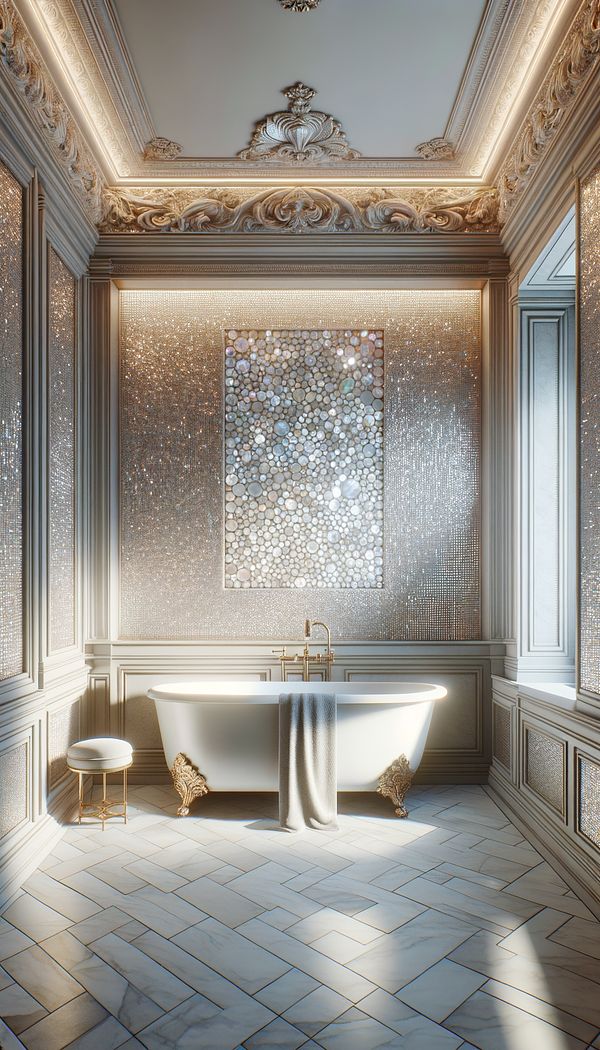 A luxurious bathroom with a Mother of Pearl mosaic tile wall, reflecting soft natural light.