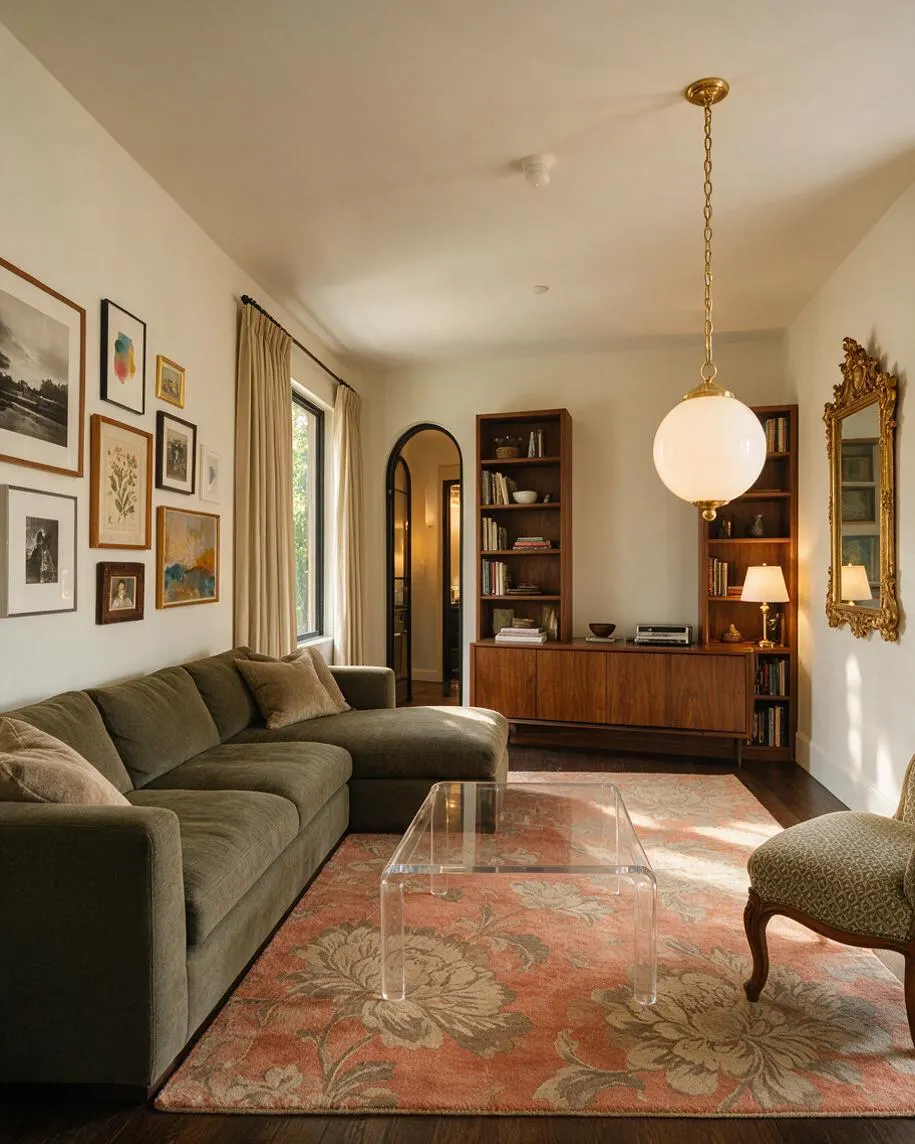 A cozy eclectic media room with an olive green sectional, a floral area rug, and a clear acrylic coffee table centered on dark wood floors. The walls display a gallery of framed art, while built-in walnut shelving, a brass-and-glass pendant light, and an ornate gold mirror add a layered vintage feel.