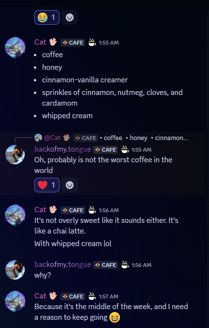 A chat conversation discussing a homemade coffee recipe and its unique ingredients.