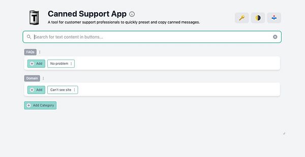 The image displays the user interface of the Canned Support App, designed for customer support professionals.
