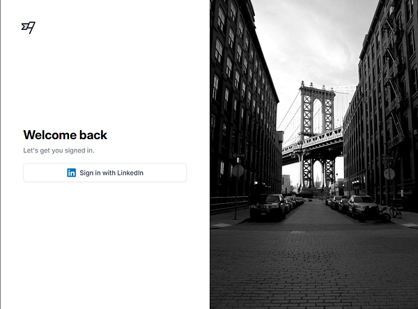 The image displays a login page featuring a LinkedIn sign-in option alongside a black-and-white photograph of the Manhattan Bridge.