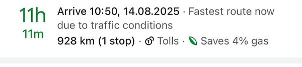 The image displays a navigation interface showing a driving route and estimated travel details.