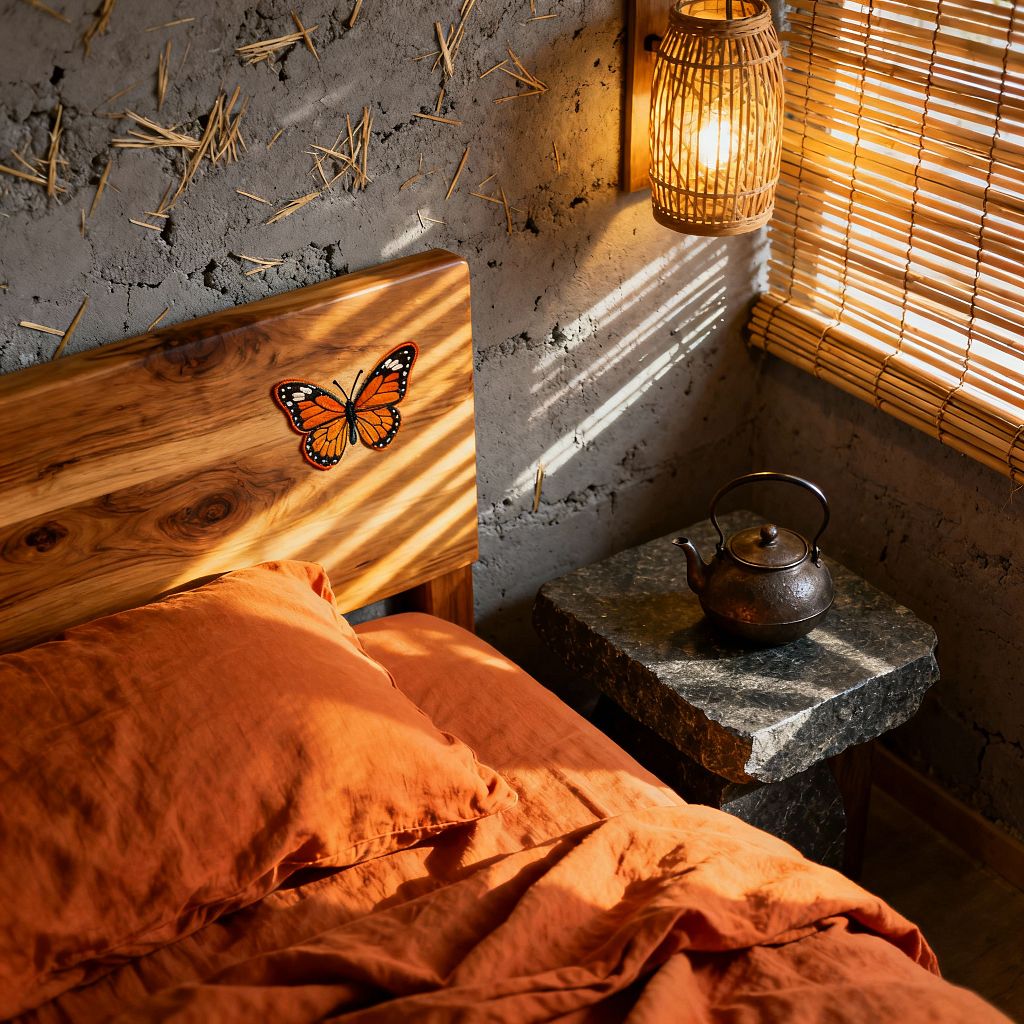 Close-up of a Wabi-Sabi bedroom corner with a knotty solid-wood headboard featuring a small butterfly motif and rust-orange linen bedding. A rough clay plaster wall with straw pieces sits beside bamboo blinds filtering warm sunlight; a rattan wall sconce glows above a chunky gray stone bedside table holding a dark cast-iron teapot, creating an earthy, textured vignette of natural materials and soft shadows.