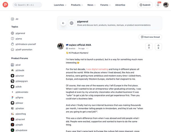 A screenshot of a Product Hunt forum post discussing an AMA on digital nomadism and entrepreneurship.