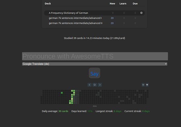 Screenshot of a German language learning app displaying a vocabulary quiz interface with German and English words.