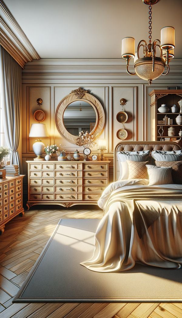 An elegantly styled bedroom with a chesser providing storage and displaying decorative items on its surface.