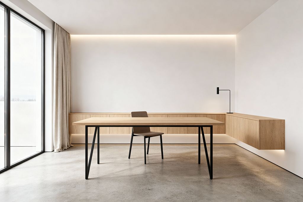 A minimalist home office shows an oak desk with black metal legs centered in front of L-shaped floating oak cabinets. Concealed LED lighting washes the ceiling line and the cabinet toe-kick, while a slim black task lamp rests on the right cabinet. Full-height glass doors on the left bring daylight, softened by beige linen curtains. The room has warm white walls and a polished concrete floor with a single brown chair at the desk.