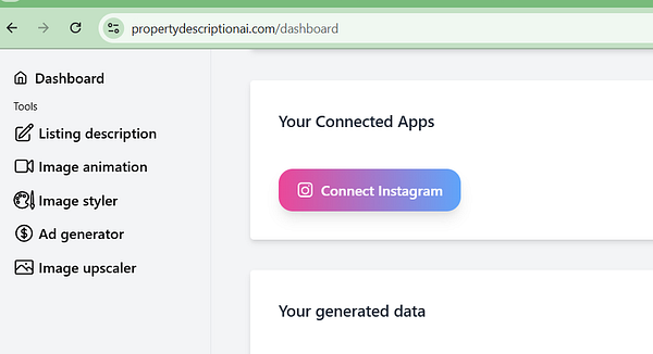 The image displays a dashboard interface for a property description tool with options to connect to Instagram.