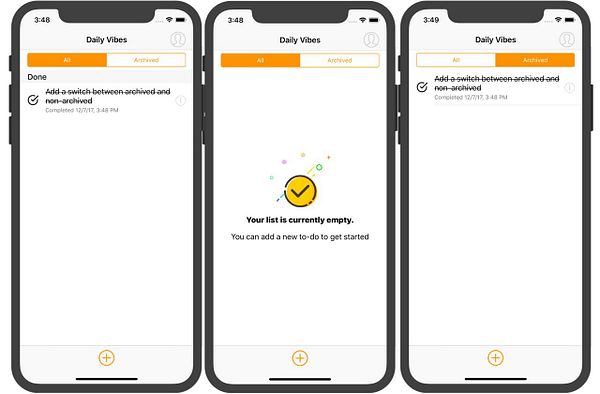 The image displays a task management app interface showing different states of a to-do list.
