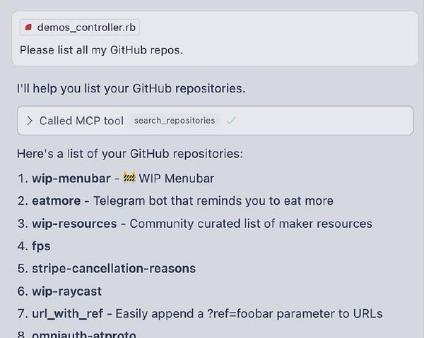 The image displays a user interface for listing GitHub repositories using a tool called MCP.