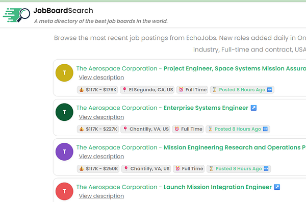 A screenshot of a job board API feed interface displaying job listings and filter options.