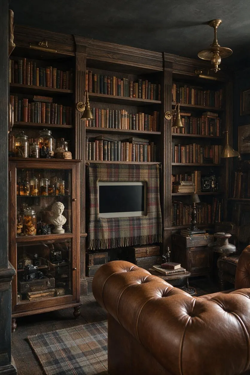 A dimly lit media room styled like a scholarly library, with wall-to-wall dark wood bookshelves filled with old books and collected objects. A small television is framed by a plaid tartan textile, and a tufted brown leather sofa sits in the foreground.