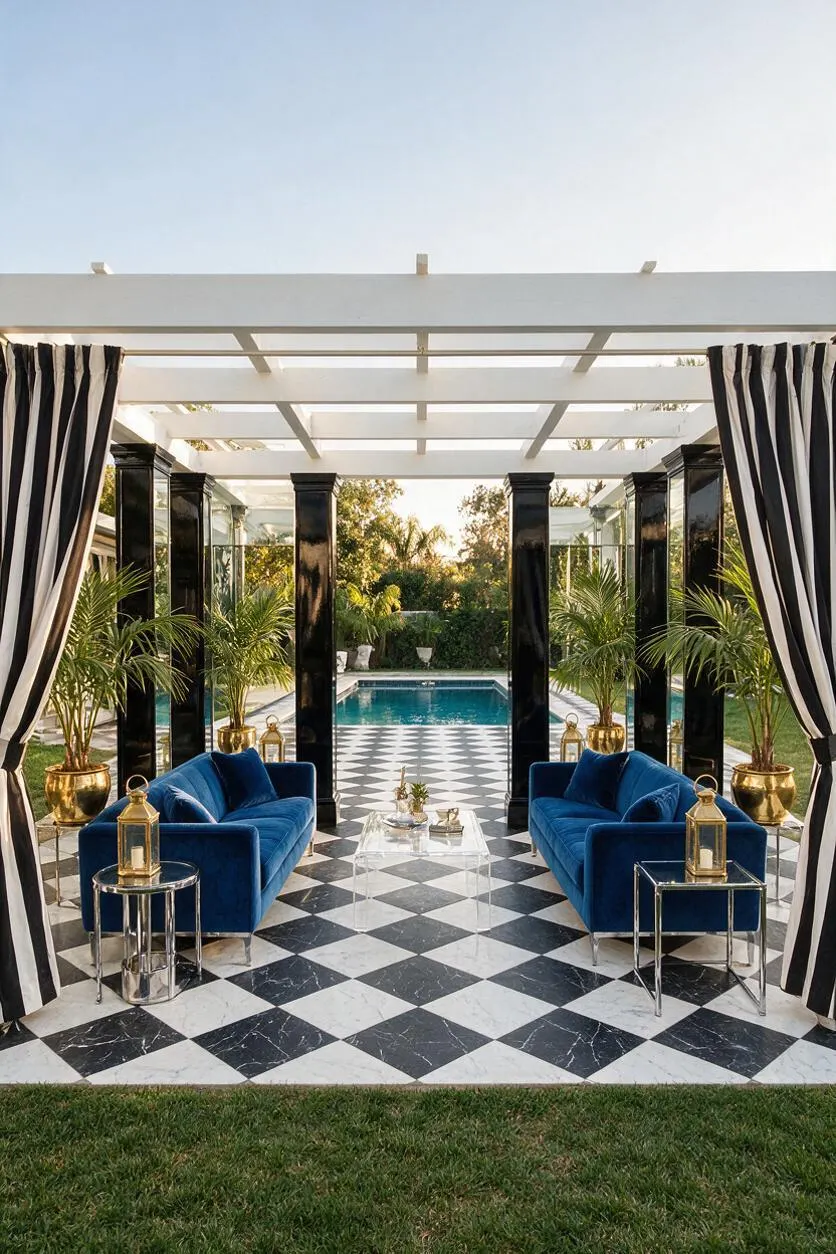 A glamorous backyard lounge with a black-and-white diamond marble floor, deep blue velvet sofas, and glossy black columns beneath a white pergola. Gold planters, lanterns, striped drapes, and a turquoise pool create a luxurious Hollywood Regency setting.