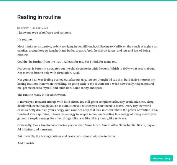 A reflective blog post discussing the importance of routine and active rest.