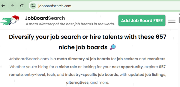 The image displays a webpage for JobBoardSearch, highlighting its services for job seekers and recruiters.