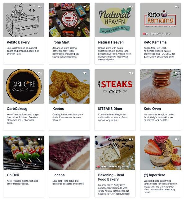 A grid of various keto-friendly food businesses and products.