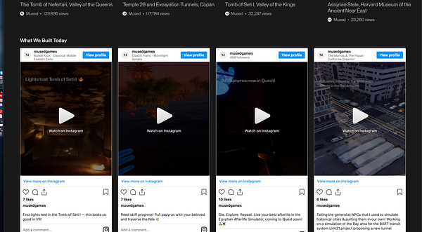 The image displays a social media post featuring a 'What We Built Today' section showcasing short videos related to a VR game.