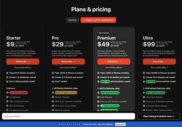 The image displays a pricing plan layout for an AI photography service with various subscription tiers.