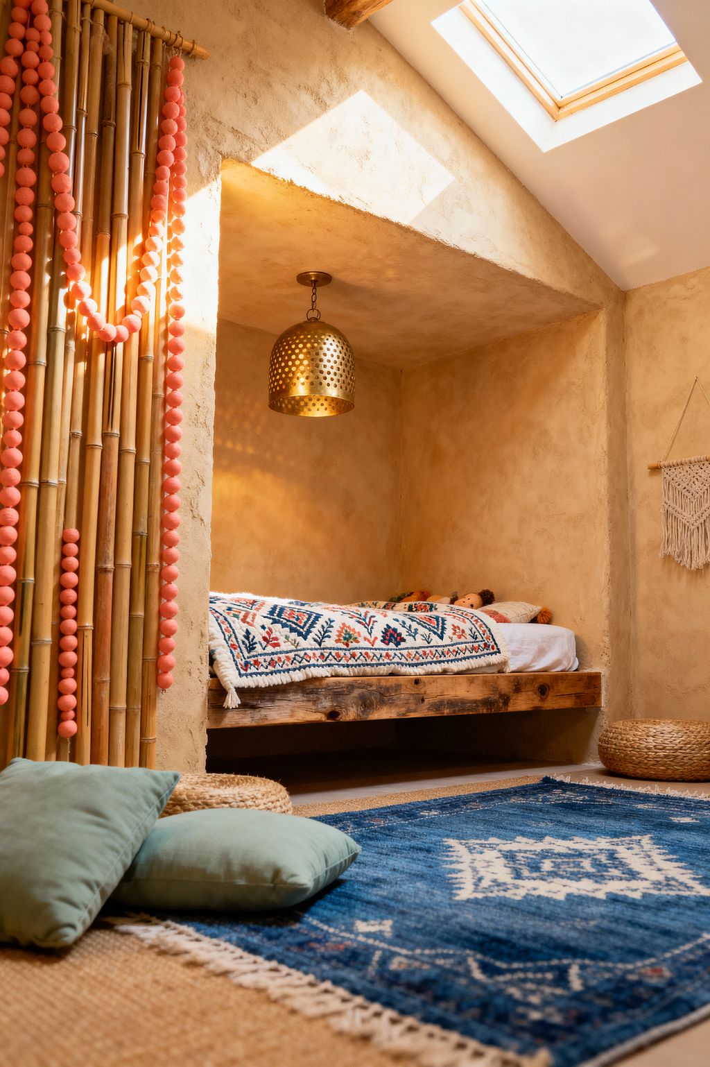 A children’s room with warm sand-colored plaster walls features a recessed wooden bed topped with a white sheet and a colorful embroidered blanket. A perforated brass pendant hangs in the alcove, illuminated by daylight from a skylight. To the left, vertical bamboo poles are draped with coral bead garlands. The floor shows a natural jute rug layered with an indigo patterned kilim, alongside sage-green floor cushions, a woven pouf, and a small macramé wall hanging.