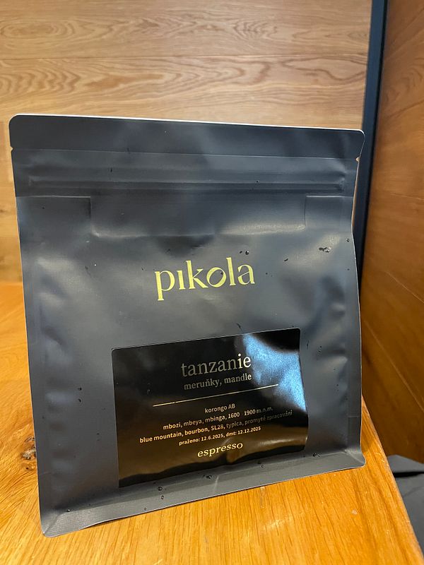 A coffee bag from Pikola featuring Tanzanian coffee beans.