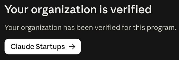 Notification confirming organization verification for a program named Claude Startups.