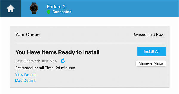 Garmin GPS device screen shows a map with route details and update information.