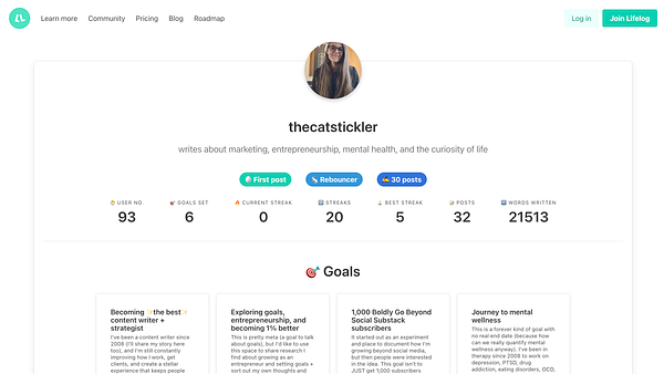 The image displays a user profile from the Lifelog platform, showcasing various statistics and goals related to writing.