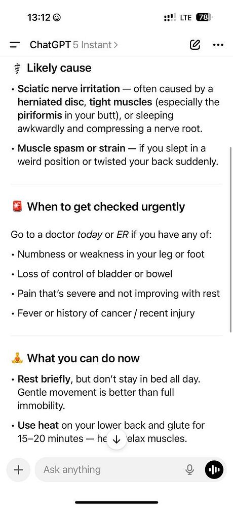 The image displays a health-related note about back pain and recommended actions.